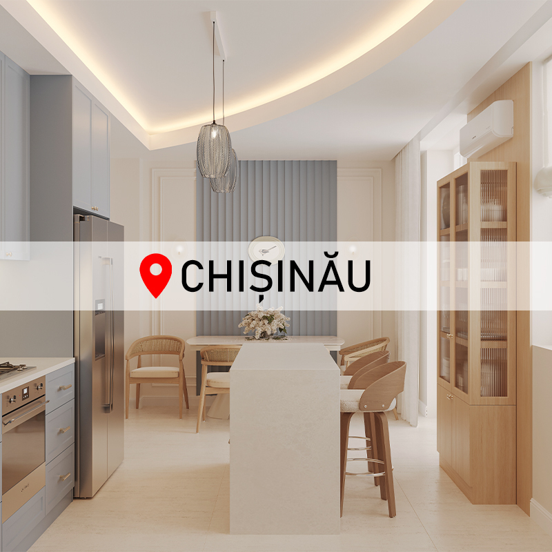 Townhouse, bucătărie modernă cu insulă în Moldova Chișinău, design interior realizat de Olyn Design